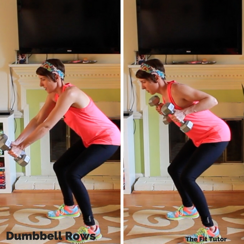 great exercises for runners: dumbbell row with squat hold // Strength Exercises for runners