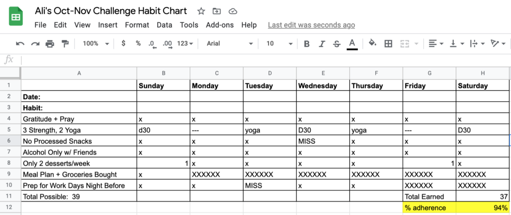 habit chart: new years fitness challenge